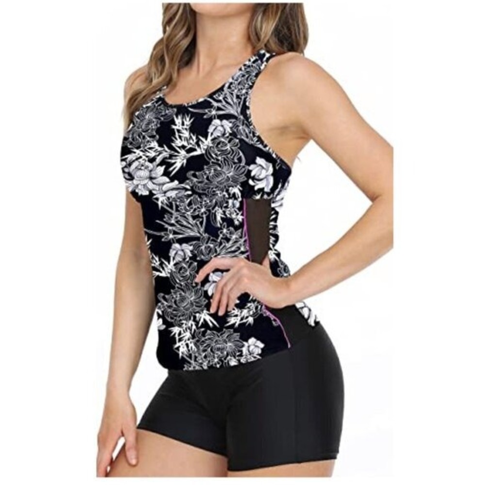 Rekita Tankini Black & White Floral Bathing Suit Tank Top Women's Size S‎